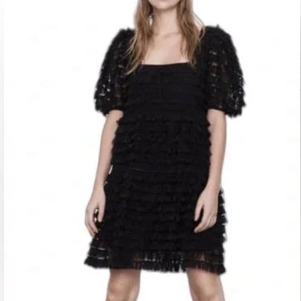 ✨ NWT Zara Black Tulle Fringe Mini Dress Small Puff Sleeve Ruffle 🖤 - Picture 3 of 16